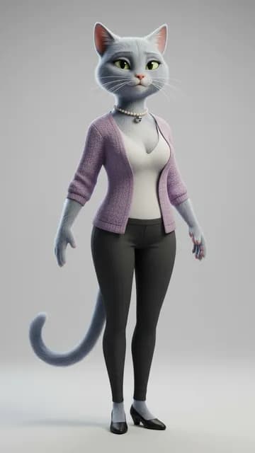 Minette, chatte grise — fiche de personnage de l’univers Animaux 3D