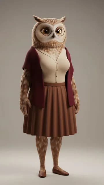 Plume, chouette — fiche de personnage de l’univers Animaux 3D