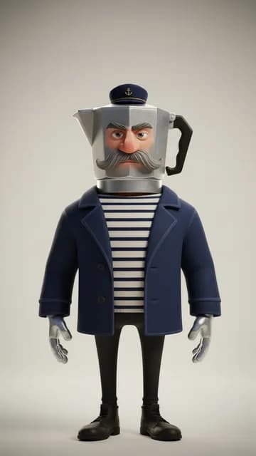 Capitaine Café, cafetière italienne — fiche de personnage de l’univers Objets 3D