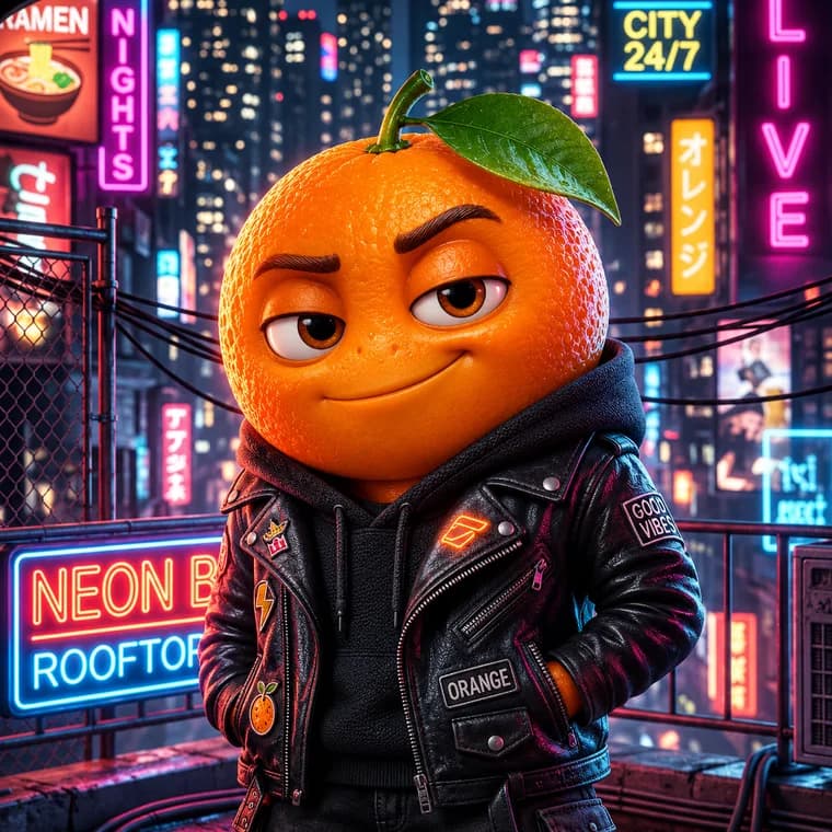 Orange en blouson de cuir sur un toit sous les néons, illustration produite par Nano Banana Pro
