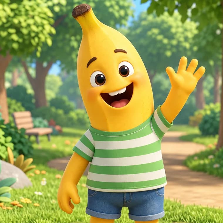 Banane souriante en t-shirt rayé qui salue dans un parc, illustration produite par Nano Banana