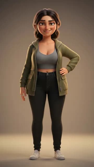 Léa, jeune femme en parka kaki, personnage humain dessiné en 3D