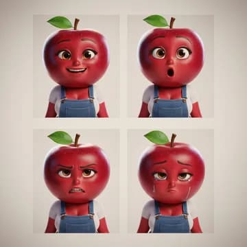 Pommita en quatre expressions : joie, surprise, colère, tristesse